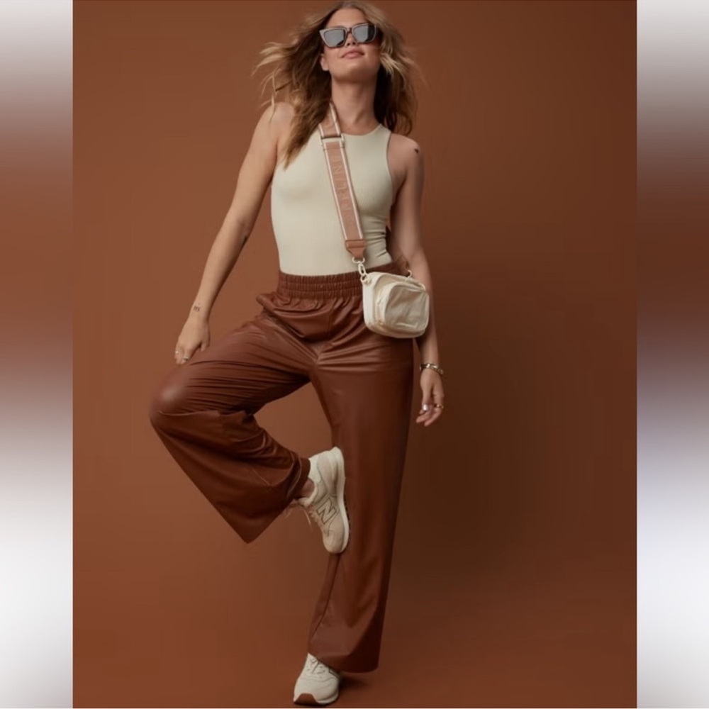 OFFLINE by Aerie Real Luxe Vegan Leather Cognac Brown Wide Leg Pants